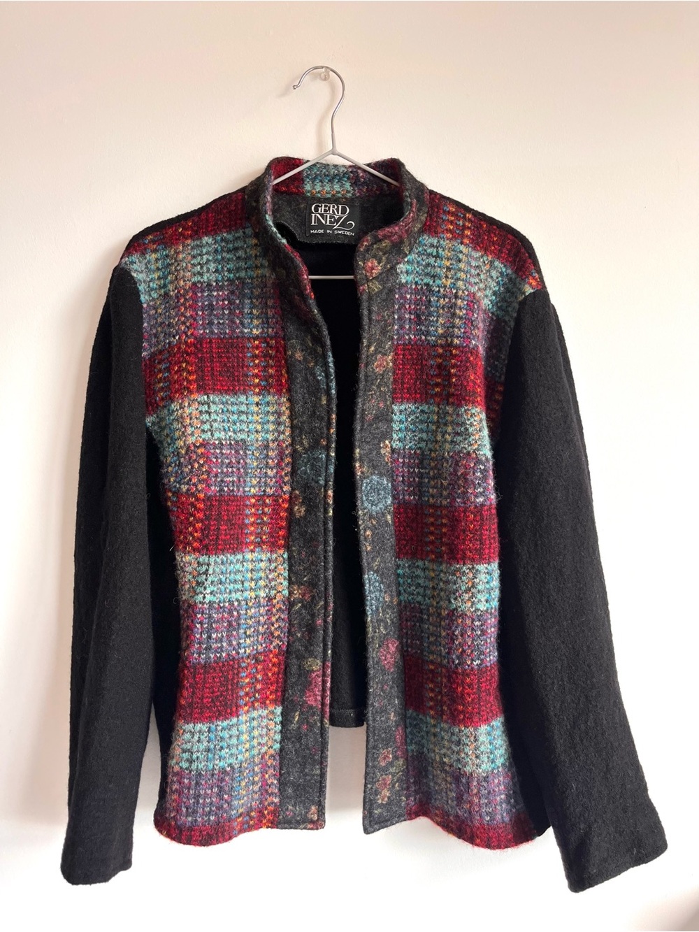 Vintage Gerd Inez Sweden Boiled Wool Woven Plaid Tapestry Art Jacket